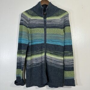 Eddie Bauer Women's M Zip Cardigan Sweater Cotton Mock Neck Blue Green Stripe